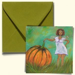 kaart autumn fairy pumpkin met luxe enveloppe mosgroen
